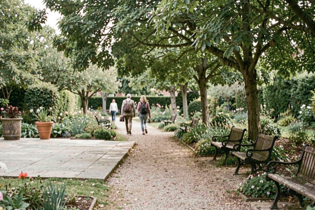 Un chemin de jardin partagé relie une terrasse et des bancs sous les arbres, avec une circulation lisible