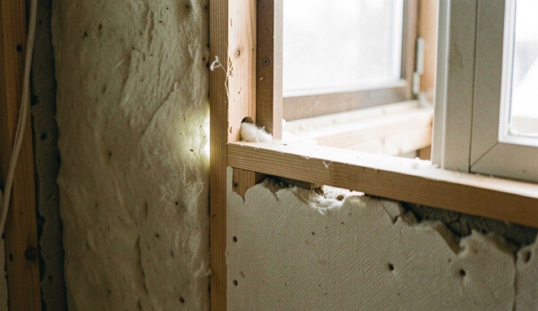 Une coupe de mur rénové montre une fibre isolante claire, une ossature en bois et une petite bouche d'air éclairées par une fenêtre