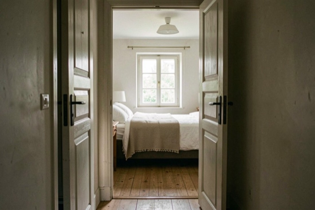 Un séjour calme ouvre ses portes sur une chambre, avec des passages dégagés et une lumière douce
