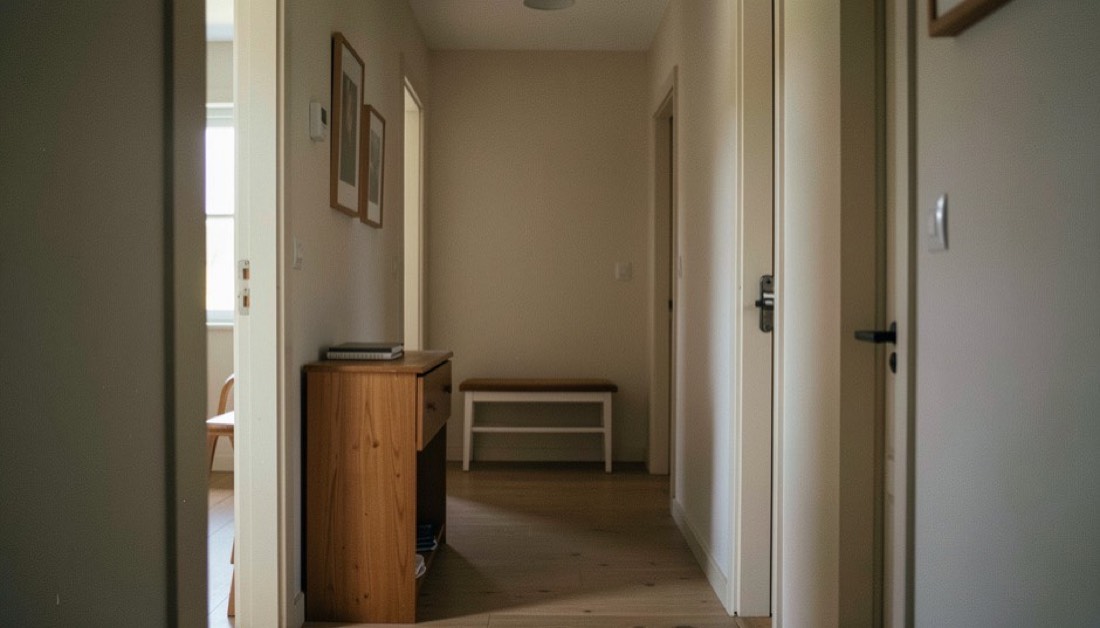 Un hall d'entrée calme présente un passage dégagé, un banc bas et une poignée facile à atteindre sous une lumière douce
