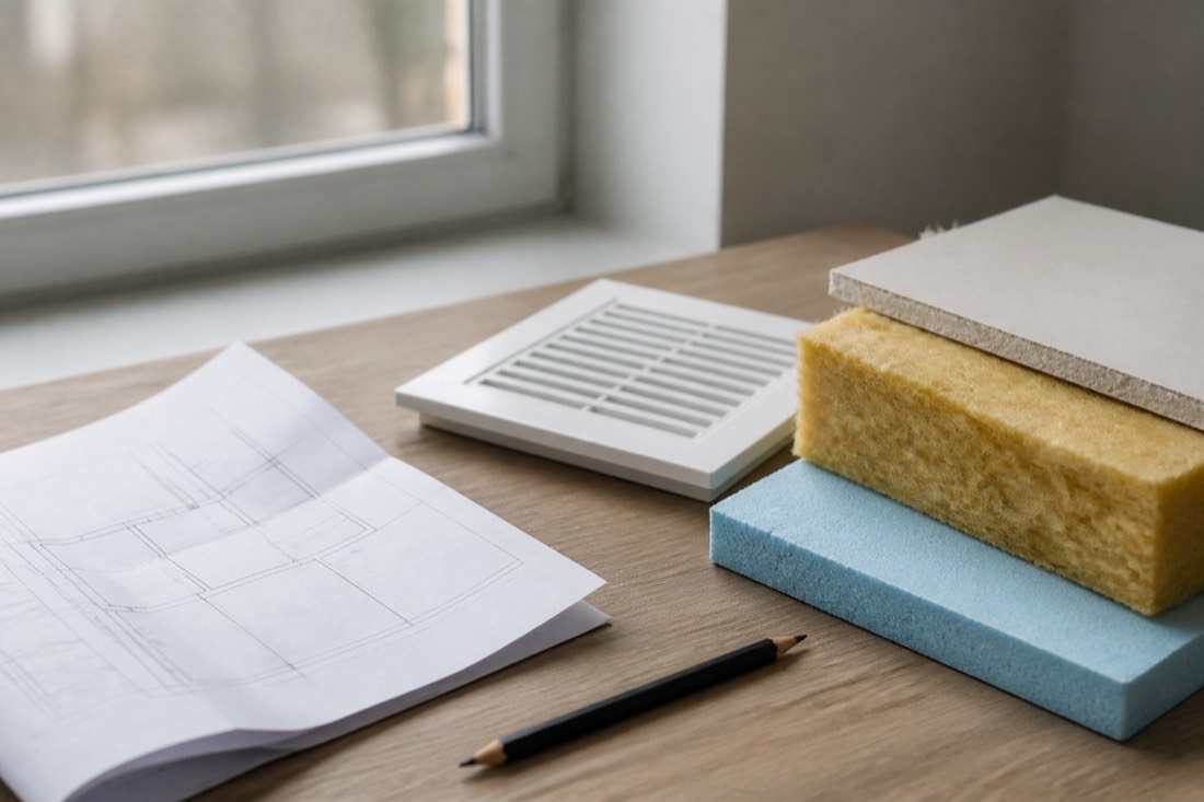 Des échantillons d'isolation et une bouche d'air posés sur une table