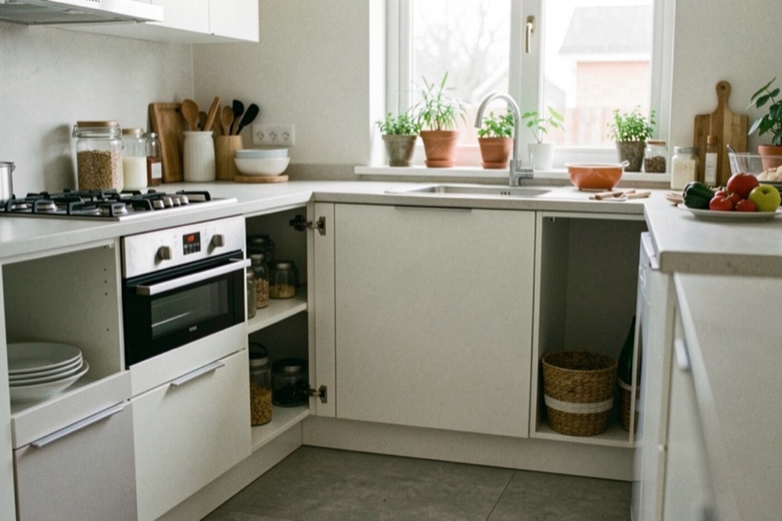 Des rangements bas et coulissants organisent une cuisine claire, avec une surface libre pour préparer un repas