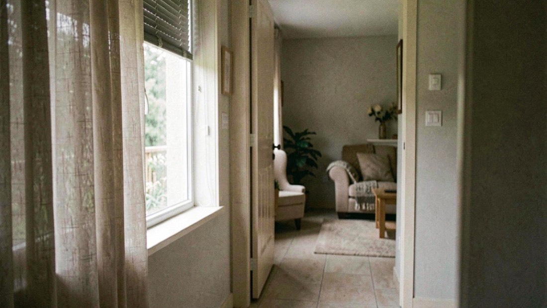 Une fenêtre de séjour avec une protection solaire extérieure et un voilage ouvre sur une pièce calme, avec un passage dégagé vers la poignée